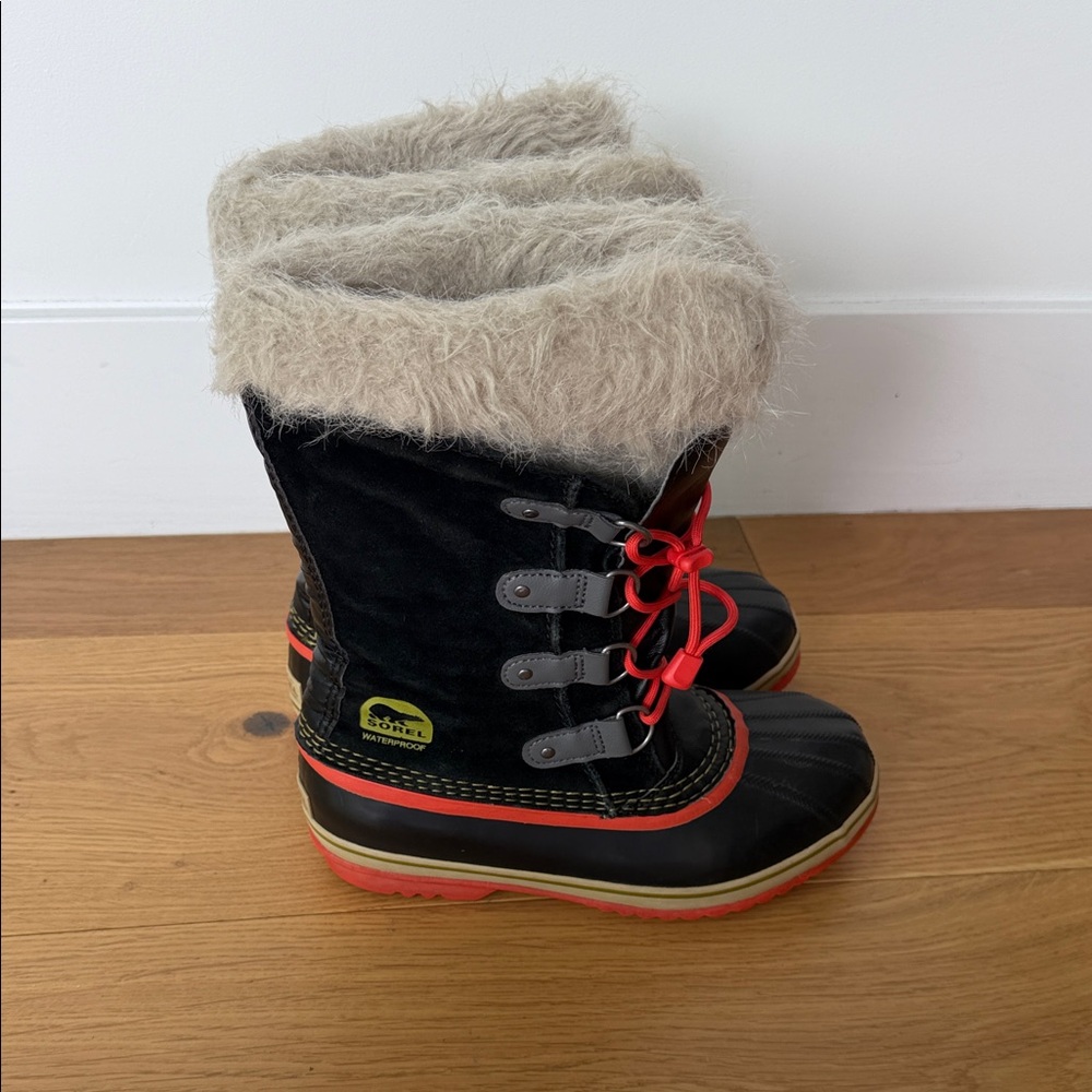 Sorel Black and Tan Boots with Orange Accents